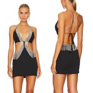 NBD Lali Dress Beaded Fringe Black Cut Out Mini Halter Revolve $328 NWT S